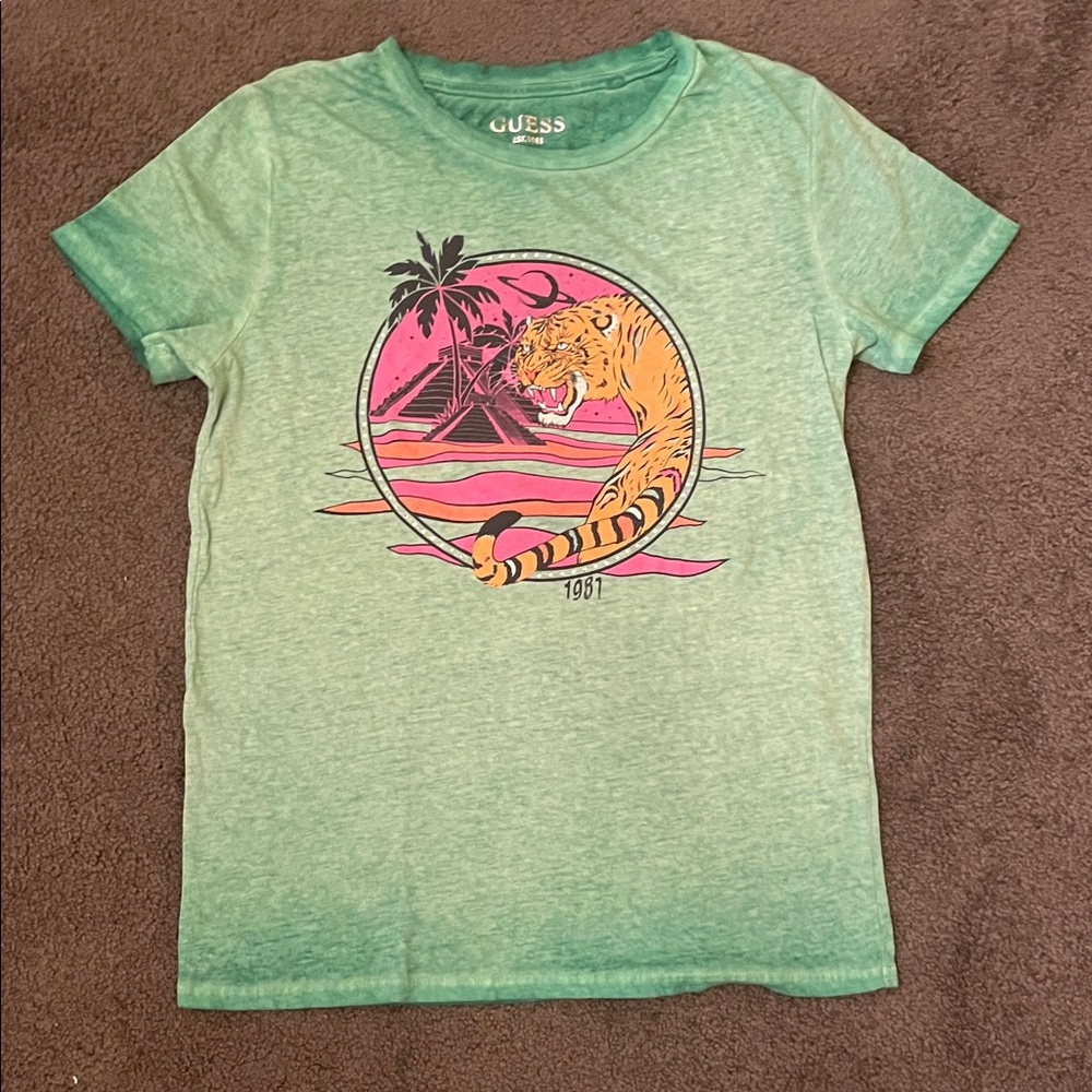GUESS Green Tee with Pink Tiger Design